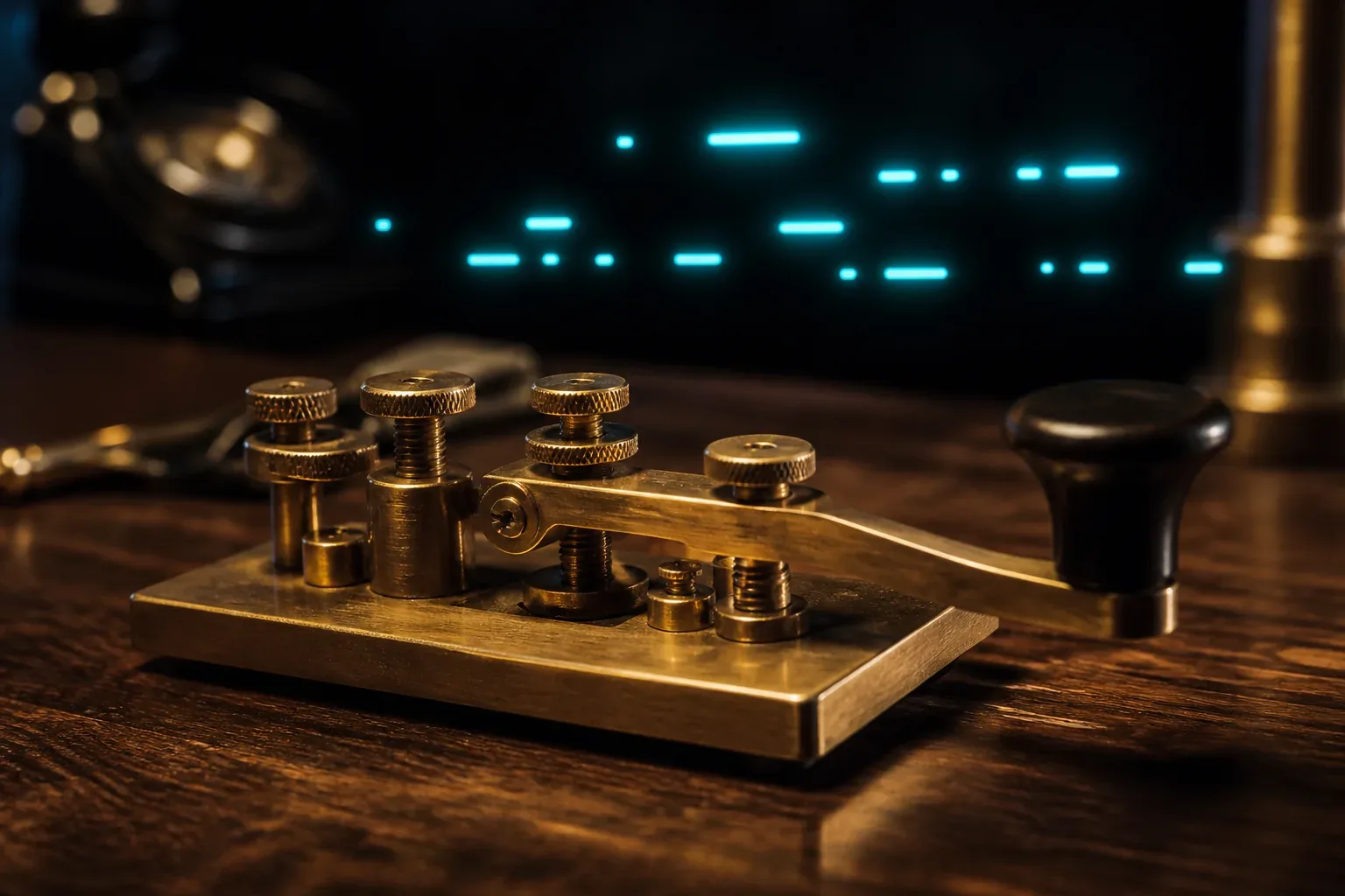 Brass Morse code straight key with glowing dots and dashes — MorseCoder free translator