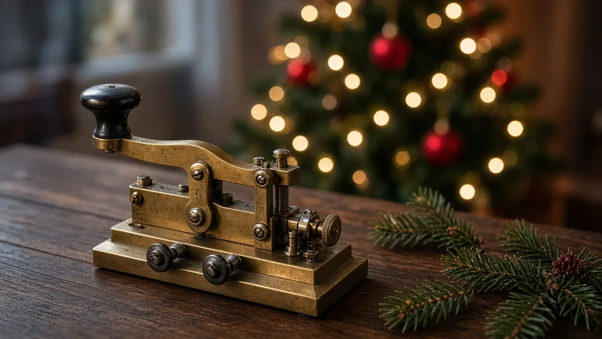 Vintage brass telegraph key on a wooden desk beside a Christmas tree with warm white lights and red ornaments