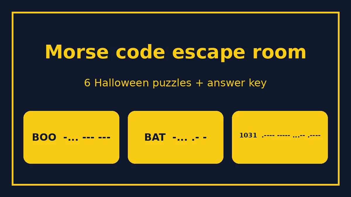 Halloween Morse code escape room: dots and dashes for BOO, BAT and GHOST beside a pumpkin, lantern and padlock set to 1031