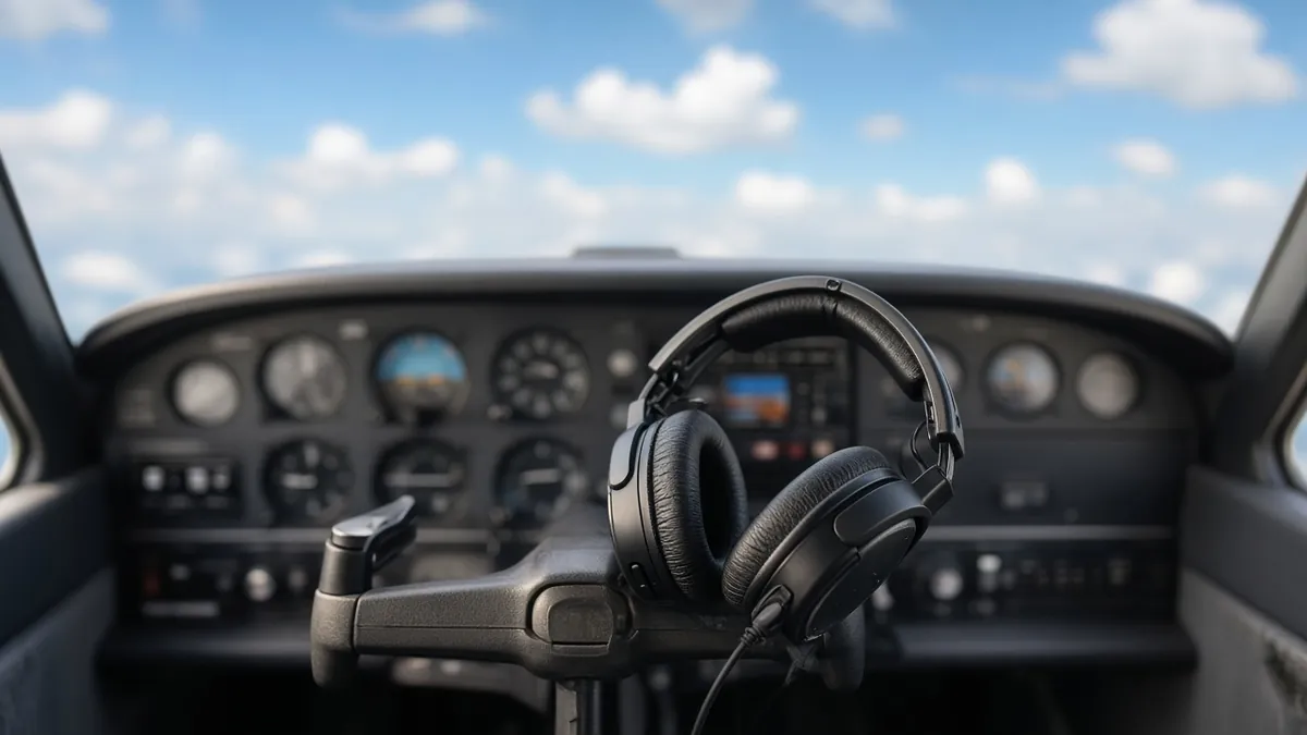 Aviation headset resting on the control yoke of a small aircraft, with the instrument panel and blue sky behind it