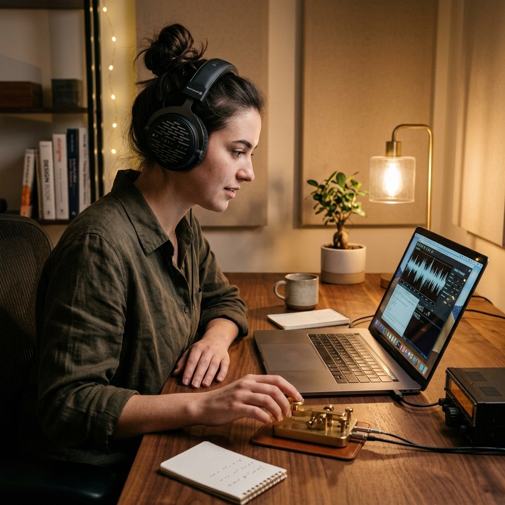 A beginner learning how to learn morse code fast with a telegraph key and headphones.